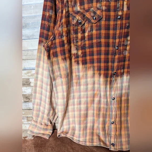 Def Leppard Upcycled Dip Dye Bleach Flannel Shirt - Picture 14 of 15